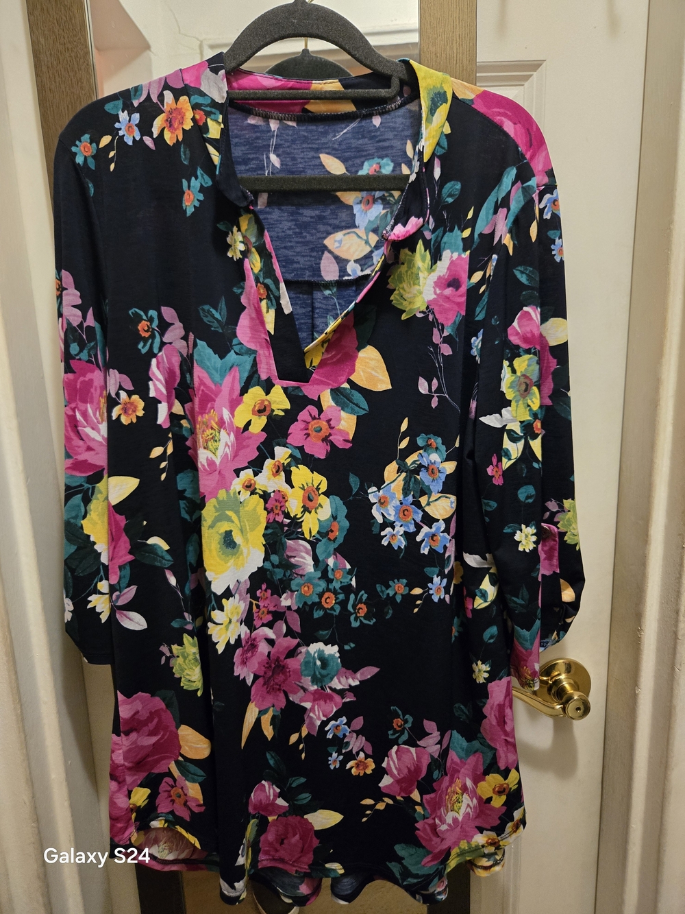 Floral V-Neck Tunic Top - Navy with Pink & Yellow Flowers
